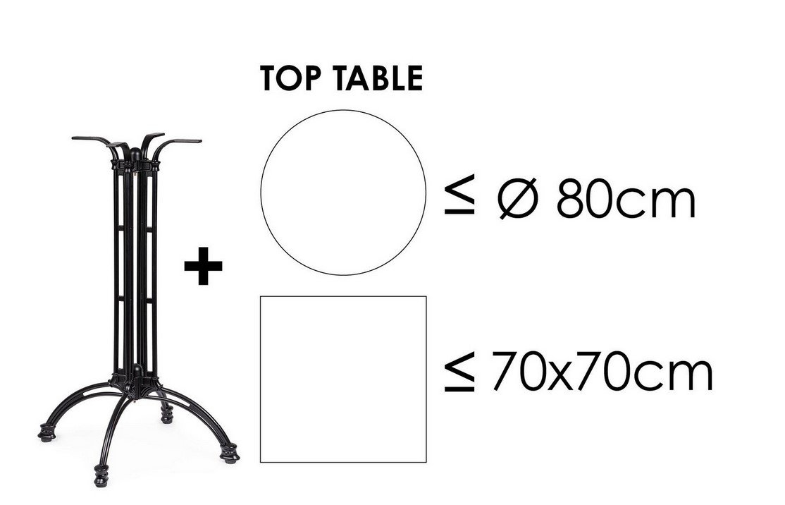 BASE TAVOLO TICHE ALLUM H1084 - JOLLYGIUNCO Black metal table pedestal on left; to the right, a circle indicating a top up to 80 cm diameter and a square up to 70 cm side, with the text 'TOP TABLE' above.