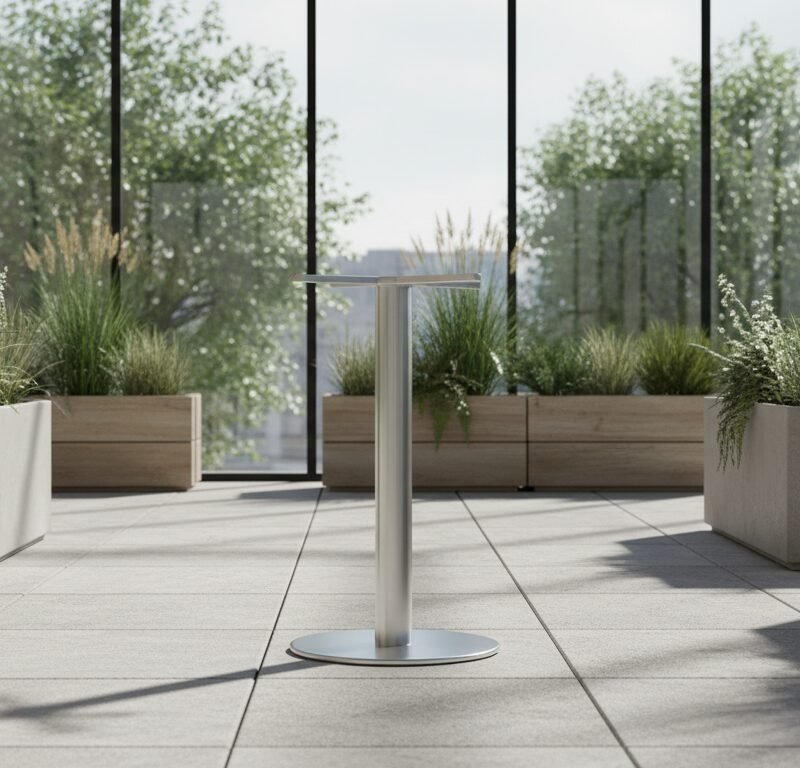 Metal pedestal stand on a tiled terrace surrounded by rectangular planters with tall grasses in natural light.