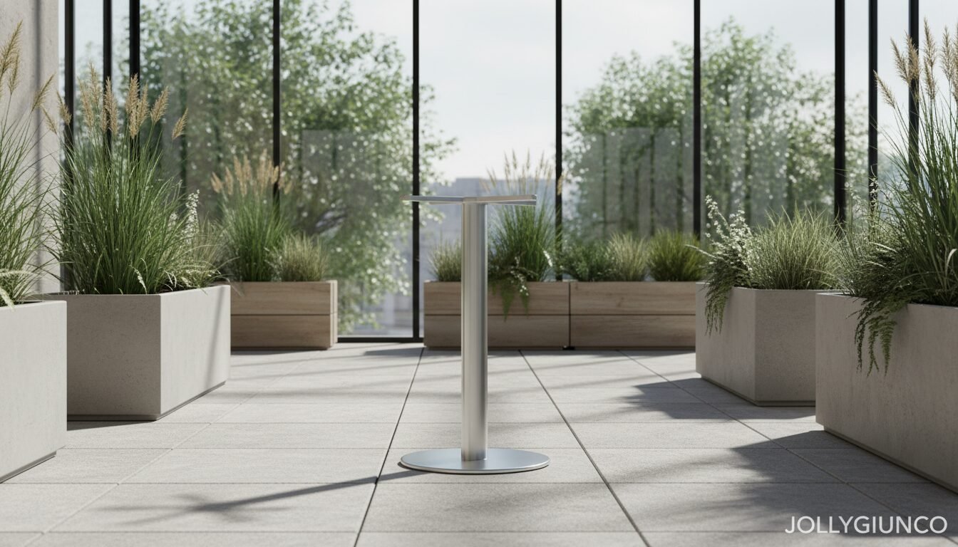 BASE TAVOLO VENERE ALLUM H7210 - JOLLYGIUNCO Metal pedestal stand on a tiled terrace surrounded by rectangular planters with tall grasses in natural light.