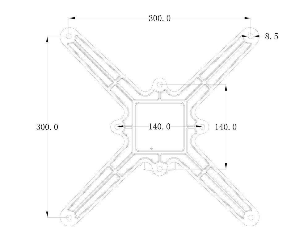 BASE TAVOLO VENERE ALLUM H724 - JOLLYGIUNCO Cross-shaped mounting frame with four diagonal arms forming an X, centered on a 140×140 mm square opening; overall width and height 300 mm. Each arm ends in a circular hole (diameter 8.5 mm).