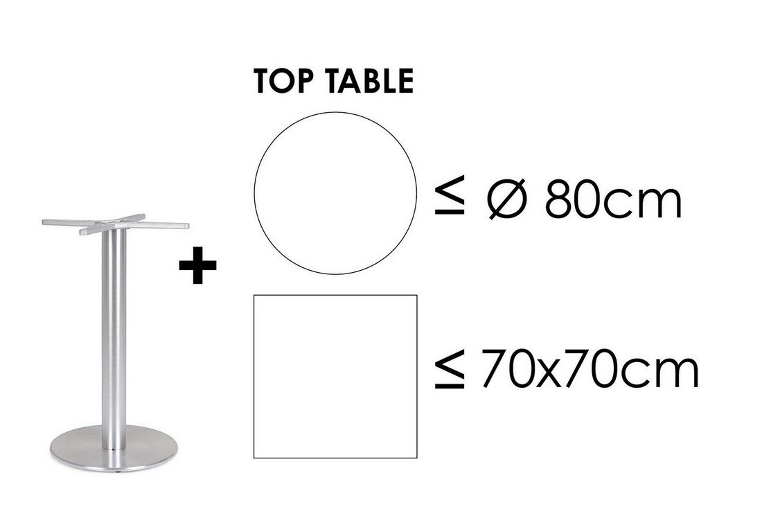 BASE TAVOLO VENERE ALLUM H725 - JOLLYGIUNCO Diagram showing a metal table base with two compatible top shapes: round up to 80 cm diameter, or square up to 70×70 cm.