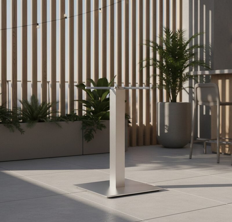 Modern outdoor patio with a small white podium in the center, surrounded by string lights, wooden slat wall, and potted plants.