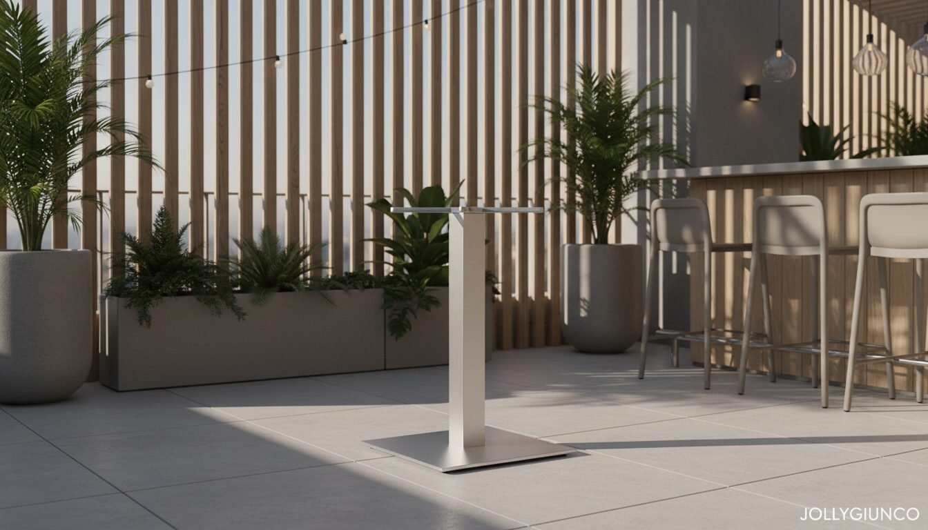 BASE TAVOLO VESTA ALLUM H7210 - JOLLYGIUNCO Modern outdoor patio with a small white podium in the center, surrounded by string lights, wooden slat wall, and potted plants.