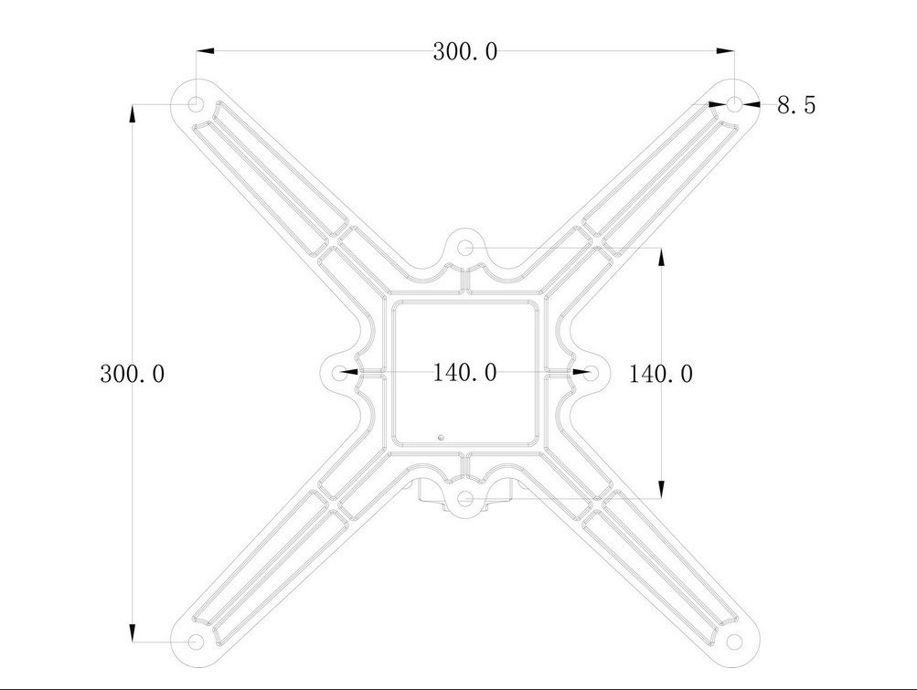 BASE TAVOLO VESTA ALLUM H724 - JOLLYGIUNCO X-shaped mounting bracket with a central 140×140 mm square opening and four arms extending to 300 mm tips, with holes at each end for mounting.