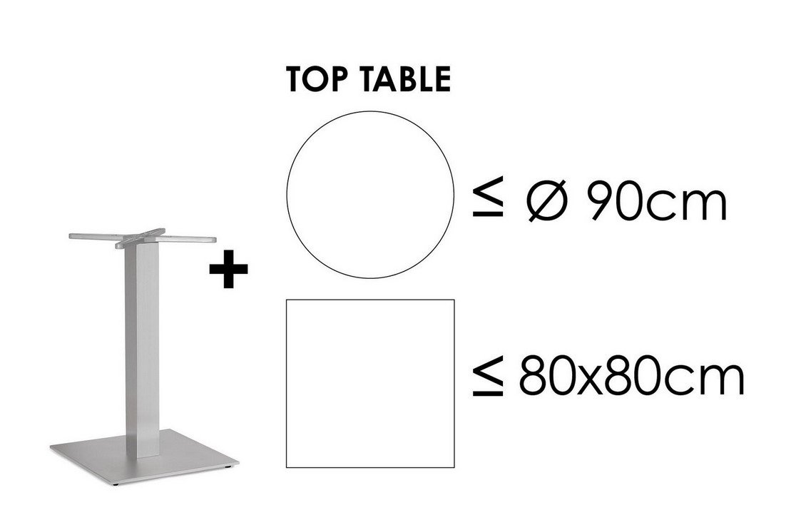 BASE TAVOLO VESTA ALLUM H725 - JOLLYGIUNCO Top table size guidelines: circle up to 90 cm diameter and square up to 80×80 cm, shown with a metal pedestal on the left.