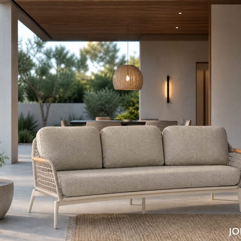 Outdoor seating area with a beige woven sofa on a concrete patio, potted plants, and a garden backdrop. Brand watermark bottom right.