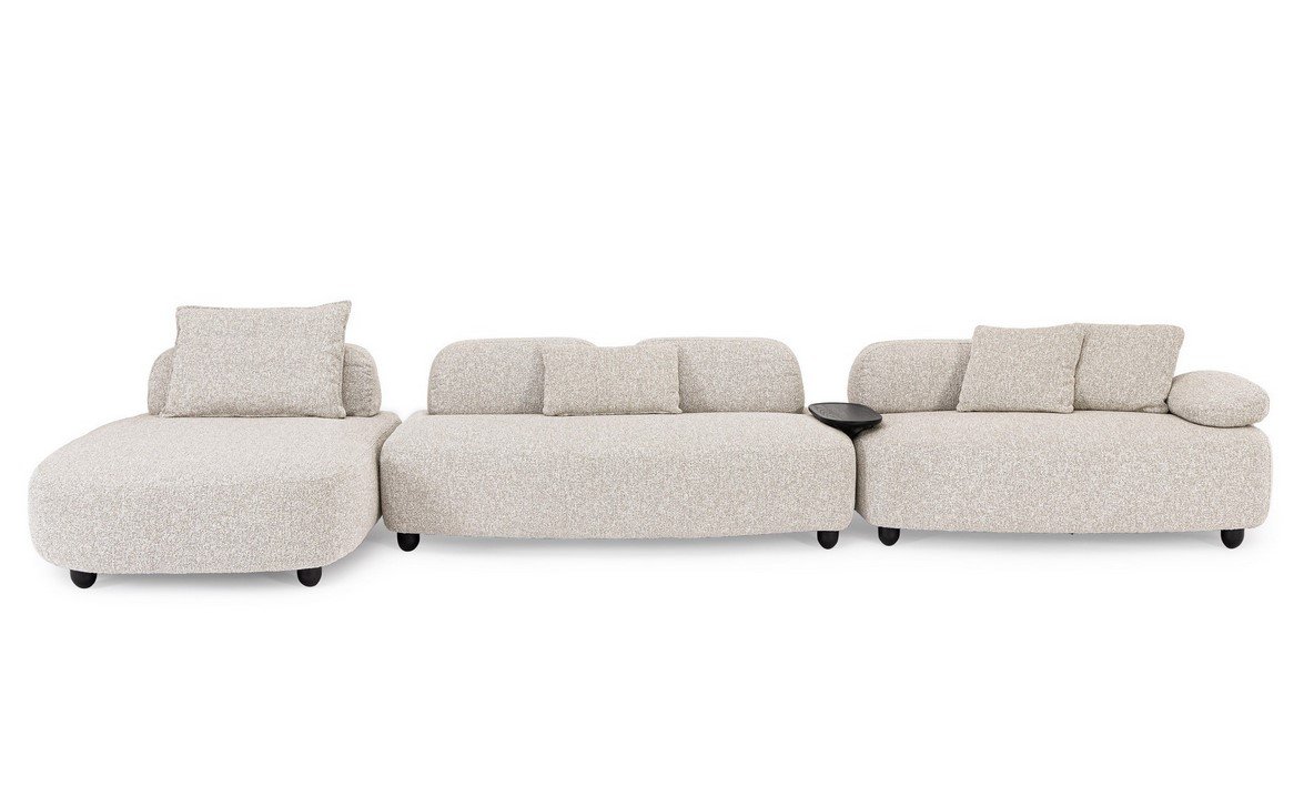 DIVANO 4+1P C-C ISIDE C-PENISOLA1 - JOLLYGIUNCO Cream boucle sectional sofa with three connected modules and a left chaise, featuring rounded edges, beige cushions, and low black legs.