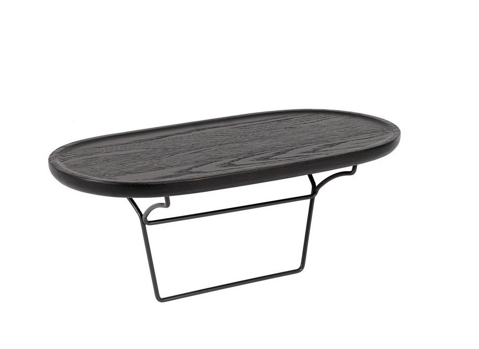 DIVANO 4+1P C-C ISIDE C-PENISOLA14 - JOLLYGIUNCO Oval black wooden serving tray on a thin black metal stand.