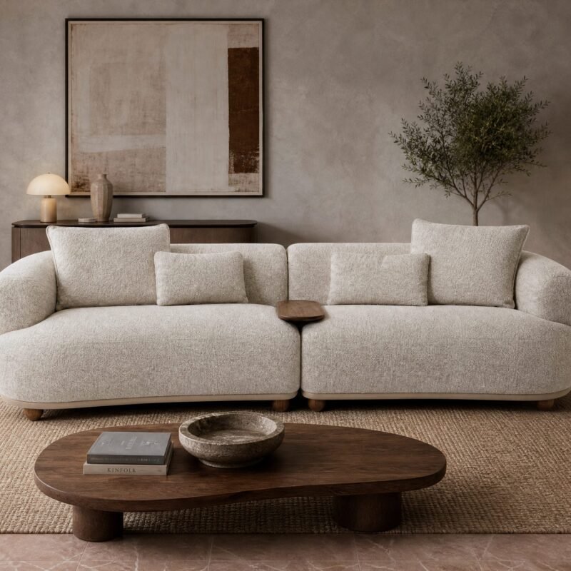 Neutral living room with a large beige sectional sofa, round wooden coffee table, and abstract wall art. A tall plant and built-in shelves sit to the right.