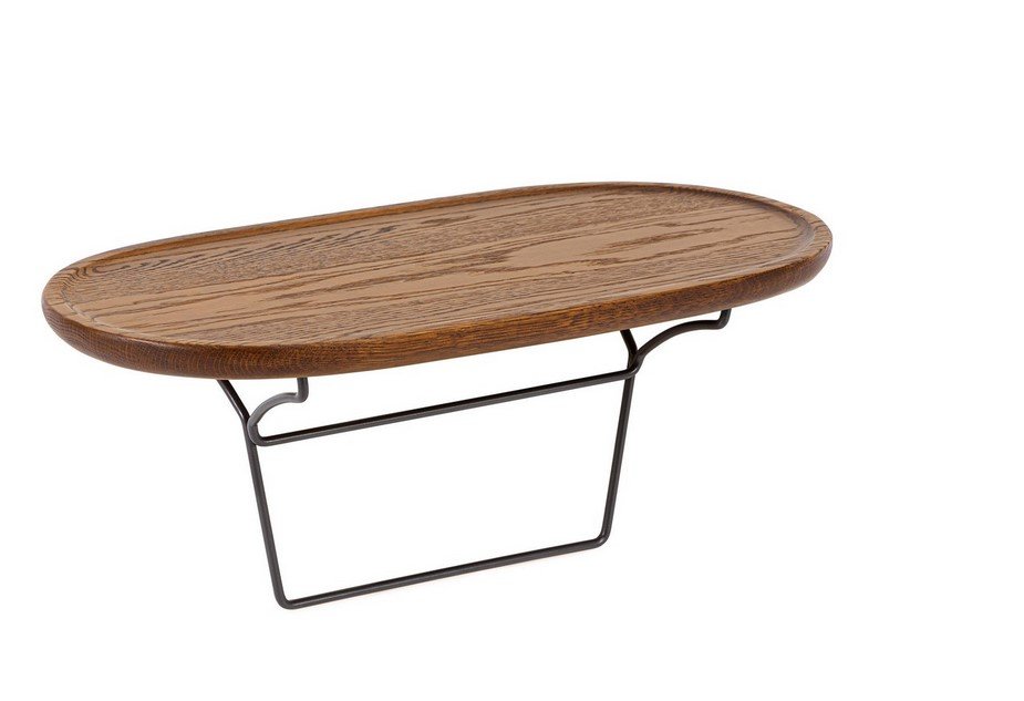 DIVANO 4P C-C CHEOPE11 - JOLLYGIUNCO Oval oak-finished coffee table with a minimalist black metal frame and curved legs for a mid-century look.