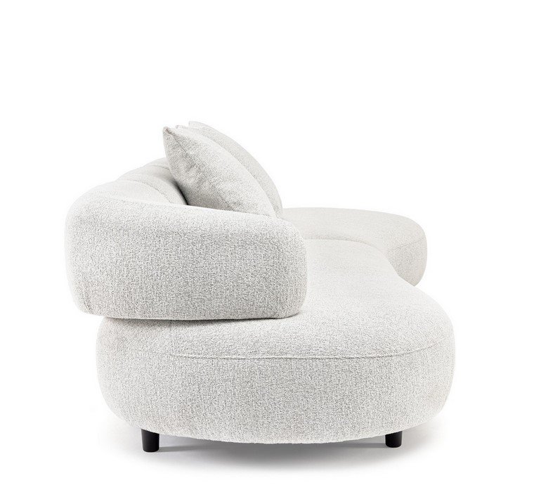 DIVANO C-C AFRODITE3 - JOLLYGIUNCO Curved light gray boucle sofa with two back cushions and short black legs.