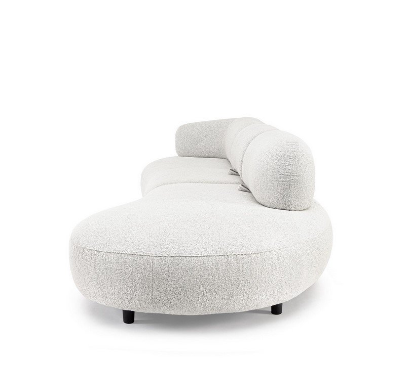 DIVANO C-C AFRODITE5 - JOLLYGIUNCO Cream curved chaise lounge with plush upholstery and a matching cylindrical headrest on small black legs.