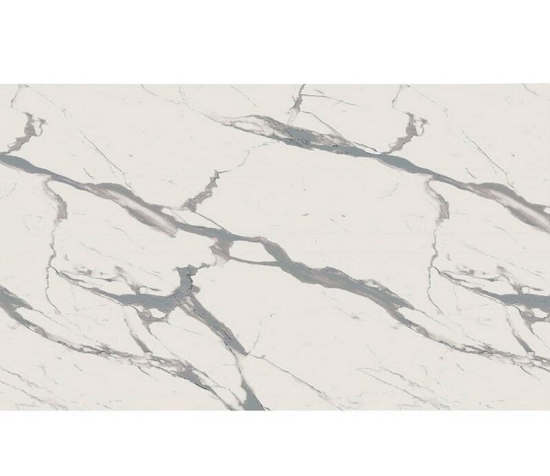 White marble tile with subtle gray veining running diagonally across the slab.