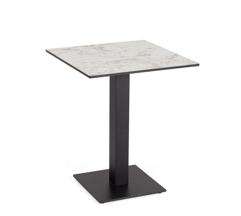 PIANO TAVOLO 60X60 HPL ARABESCATO1 - JOLLYGIUNCO Square marble-topped table on a black metal pedestal base, ideal as a side or cafe table, white with gray veining.