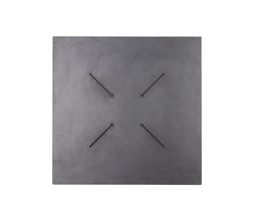 PIANO TAVOLO 60X60 HPL ARDESI1A - JOLLYGIUNCO Square gray metal panel with four black diagonal rods anchored near the center, forming a four-point pattern.
