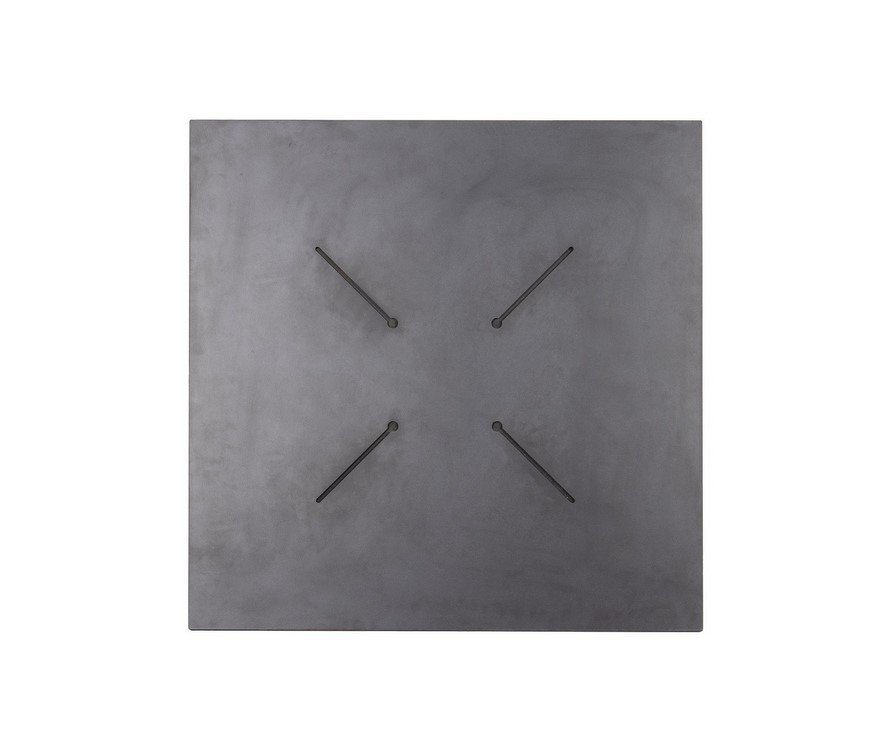 PIANO TAVOLO 60X60 HPL CORTEN1 - JOLLYGIUNCO Square dark gray metal plate with four black diagonal bars arranged in an X shape in the center.