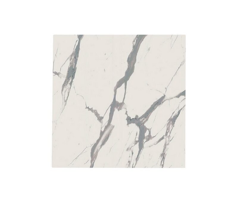 White marble tile with dark gray veining across a pale background (square format)./n1