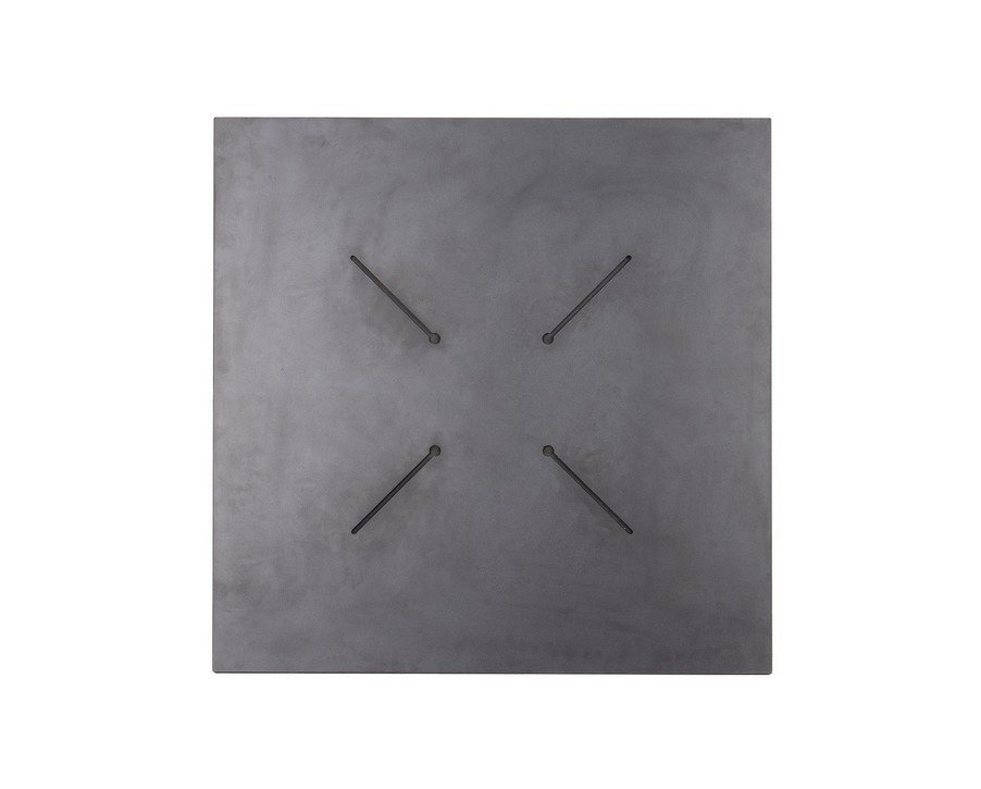 PIANO TAVOLO 60X60 HPL STATUARIO1 - JOLLYGIUNCO Square gray metal panel with four diagonal black rods forming an X pattern in the center.