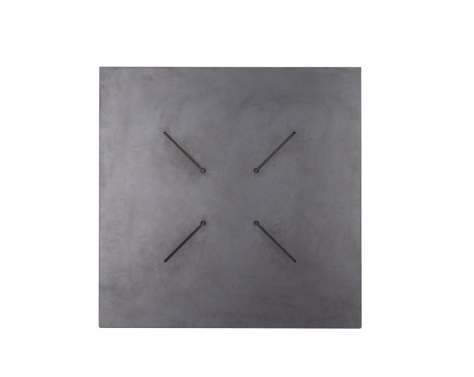 PIANO TAVOLO 80X80 HPL STATUARIO VE1 - JOLLYGIUNCO Gray square metal panel with four slender black rods arranged in an X pattern at the center of the panel.