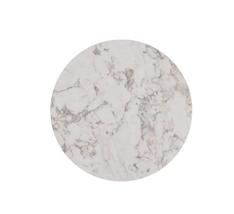 Round marble surface with gray veining on a white background, resembling a coaster or tile.