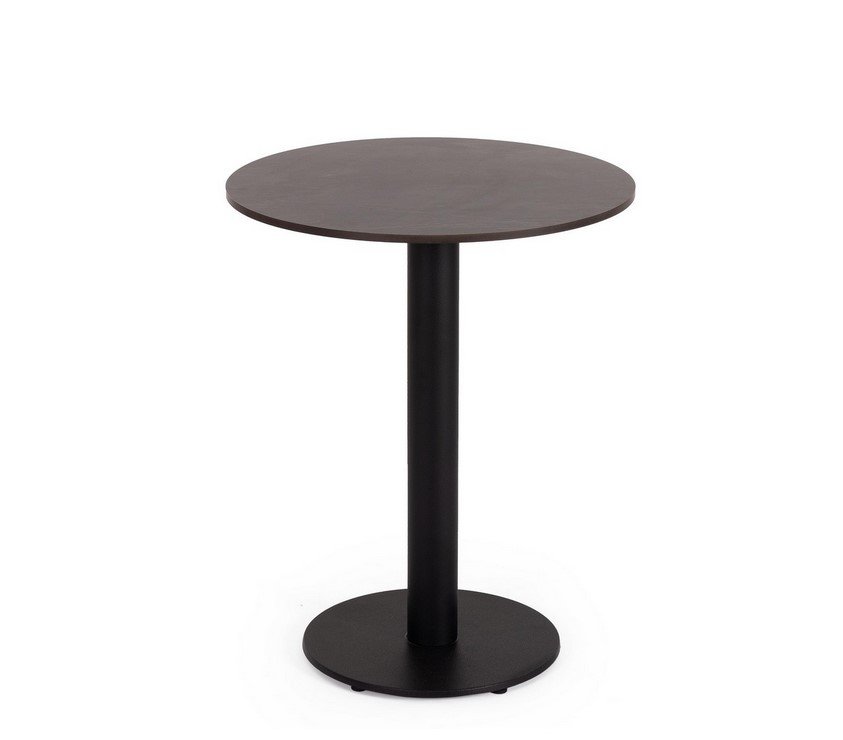 PIANO TAVOLO D70 HPL ARDESIA1 - JOLLYGIUNCO Round dark brown tabletopped table on a black pedestal base, single central leg with a circular base, product photo.