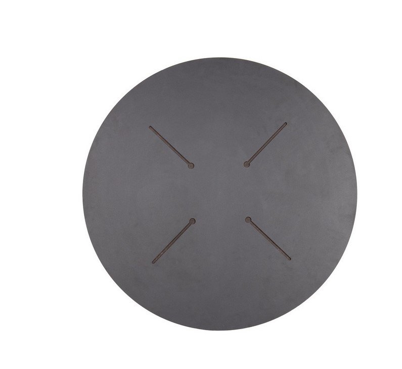 PIANO TAVOLO D70 HPL CORTEN1 - JOLLYGIUNCO Top-down view of a circular dark gray disc with four short, diagonal metal rods radiating from the center, forming a subtle cross pattern.