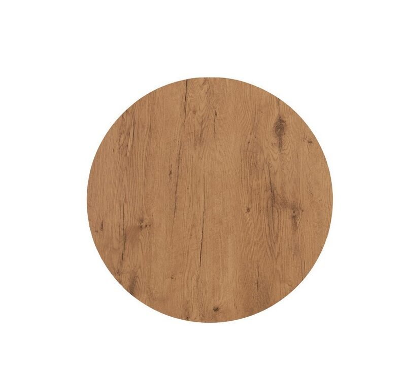 Round wooden tabletop with natural grain, viewed from above on a white background.