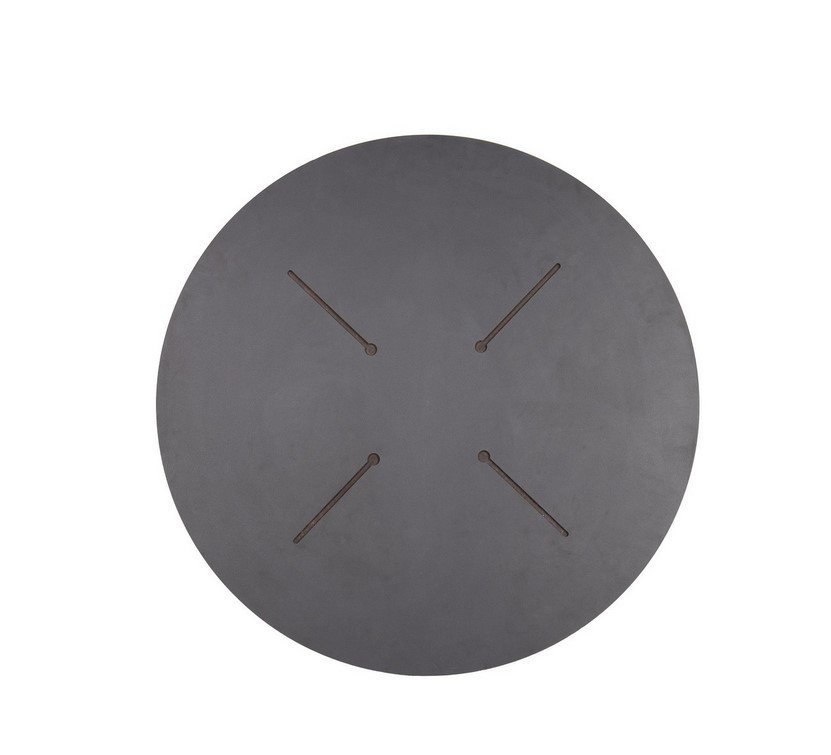 PIANO TAVOLO D70 HPL ROVERE NAT1 - JOLLYGIUNCO Minimalist round gray wall clock with four diagonal cutouts as hour markers on a plain background.
