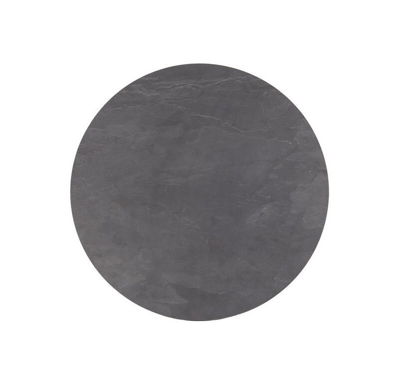 Dark gray circular marble disc with subtle veining on a white background.