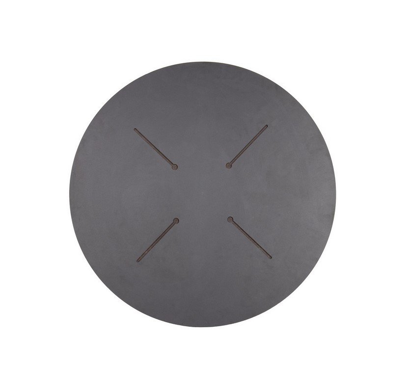 PIANO TAVOLO D80 HPL CEMENTO1 - JOLLYGIUNCO Round, dark gray table top seen from above with four diagonal support braces near the center.