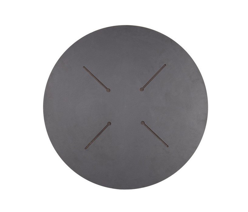 PIANO TAVOLO D80 HPL CORTEN1 - JOLLYGIUNCO Round dark metal disc with four diagonal slotted openings forming a cross pattern (vent/cover).