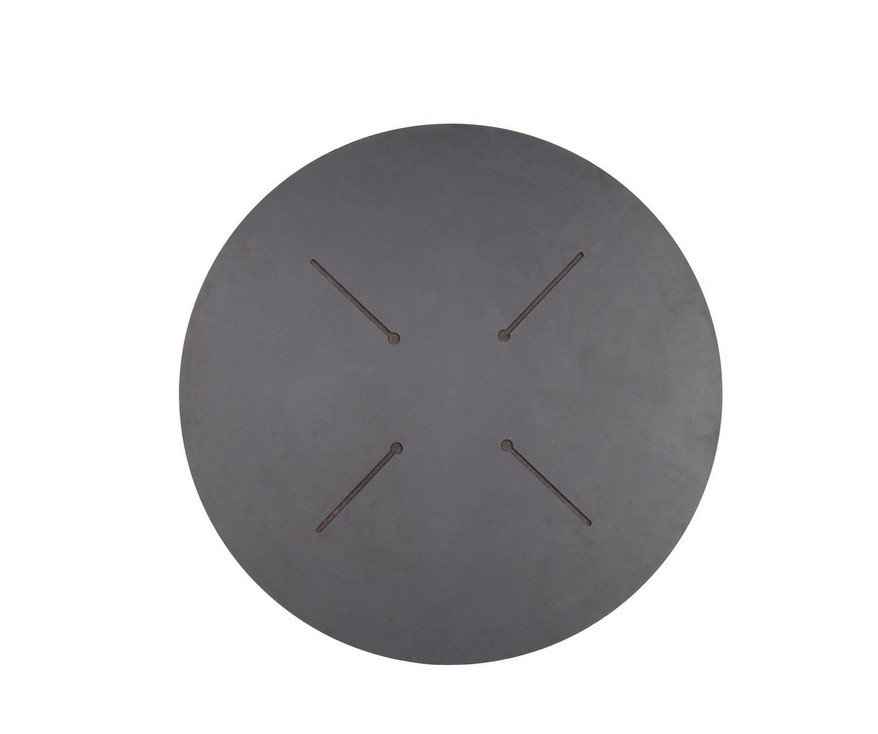 PIANO TAVOLO D80 HPL ROVERE NAT1 - JOLLYGIUNCO Round dark gray metal plate with four diagonal slots arranged in an X pattern in the center image area.