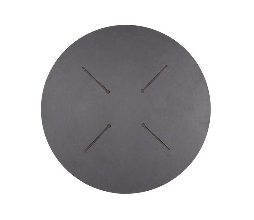 PIANO TAVOLO D80 HPL STATUARIO VENA1 - JOLLYGIUNCO Round dark gray metal disk featuring four diagonal slots arranged in an X pattern at the center/inside the circle.