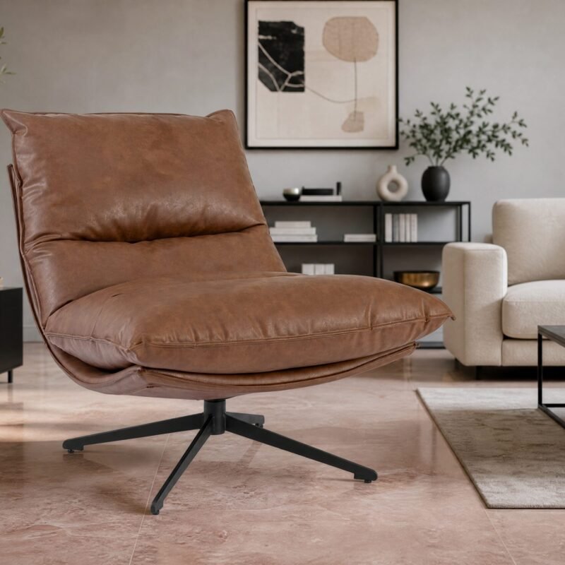 Brown leather swivel lounge chair in a modern living room with a beige sofa, black coffee table, and greenery in the background.