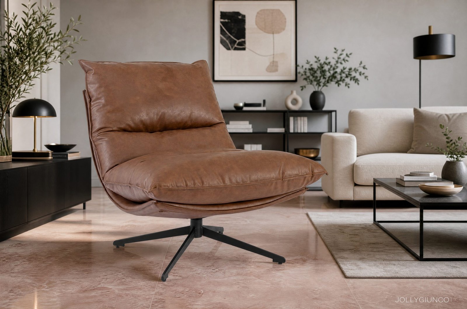 POLTRONA ALANEZ COGNAC10 - JOLLYGIUNCO Brown leather swivel lounge chair in a modern living room with a beige sofa, black coffee table, and greenery in the background.