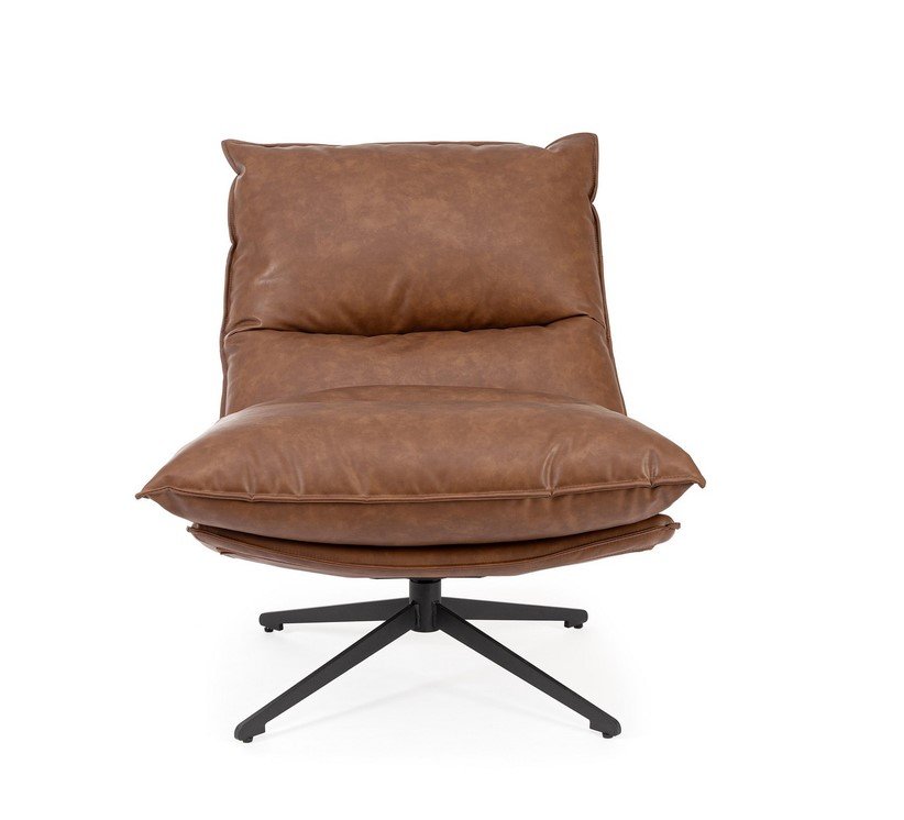 POLTRONA ALANEZ COGNAC2 - JOLLYGIUNCO Brown leather lounge chair with overstuffed cushions on a four-arm black metal swivel base.