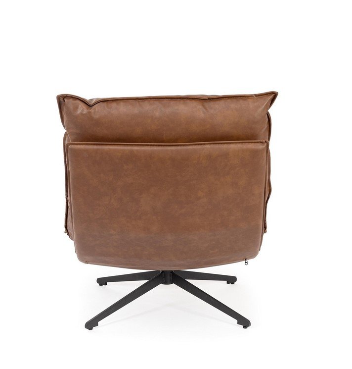 POLTRONA ALANEZ COGNAC3 - JOLLYGIUNCO Brown leather swivel lounge chair viewed from the back, showing a padded back and metal four-leg base on a white background.