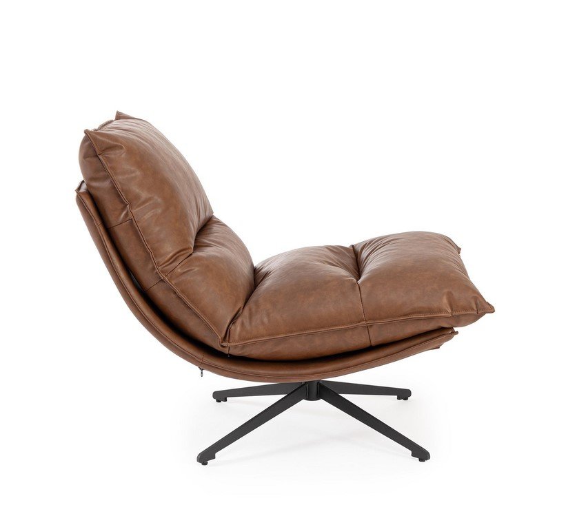 POLTRONA ALANEZ COGNAC5 - JOLLYGIUNCO Brown leather lounge chair with plush cushions on a black four-star swivel base photographed in isolation.