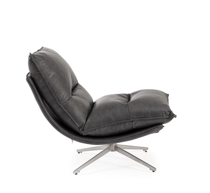 POLTRONA ALANEZ GRIGIO SCUR4O - JOLLYGIUNCO Dark leather lounge chair with a deep cushioned seat and backrest on a metal four-prong base.