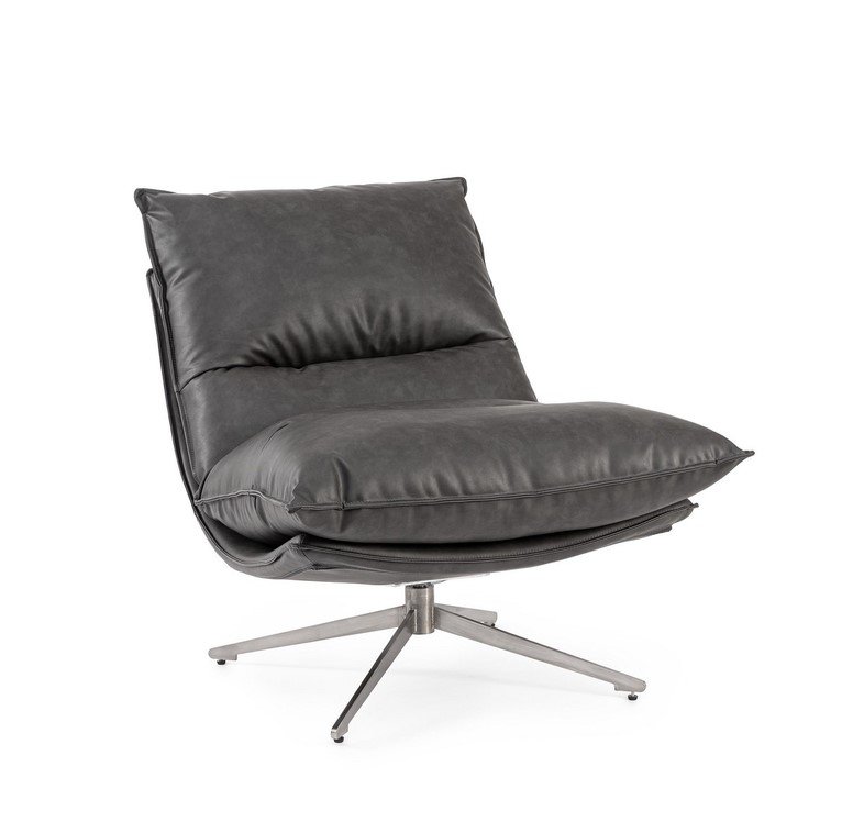POLTRONA ALANEZ GRIGIO SCURO - JOLLYGIUNCO Dark gray leather swivel lounge chair with a metal four‑star base