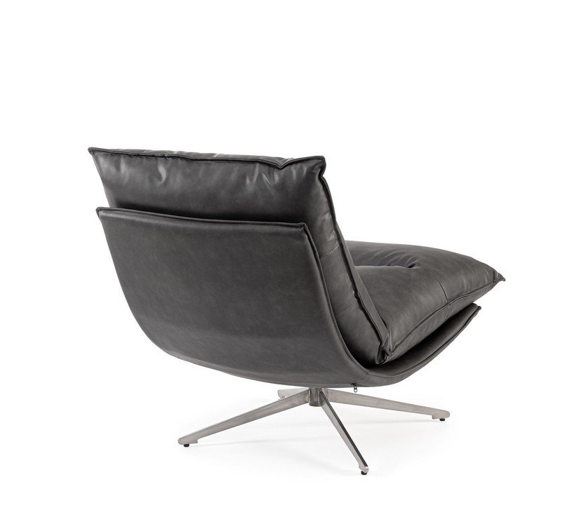 POLTRONA ALANEZ GRIGIO SCURO1 - JOLLYGIUNCO Modern black leather lounge chair with a four‑point metal base, viewed from the side.