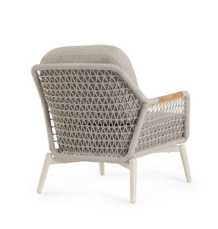 POLTRONA C-C EULERO PELICAN1 - JOLLYGIUNCO Woven outdoor lounge chair with a grey cushion and cream legs, viewed from the back/side.