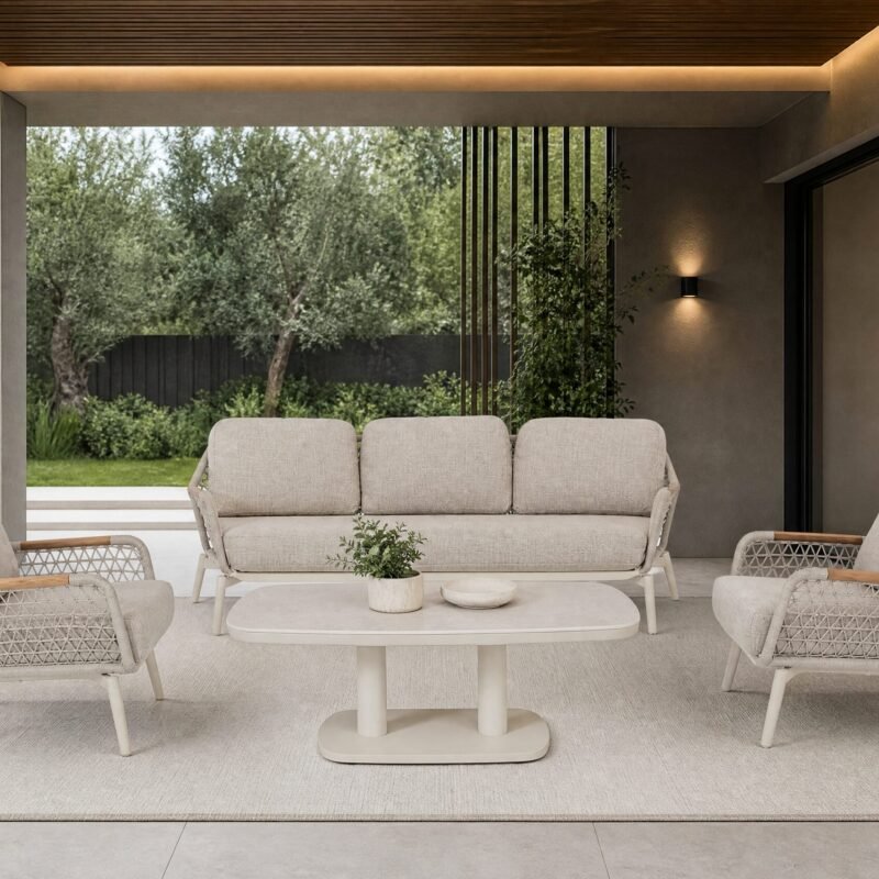Modern outdoor patio with beige wicker seating on a light rug, glass doors to an indoor space, and greenery beyond.