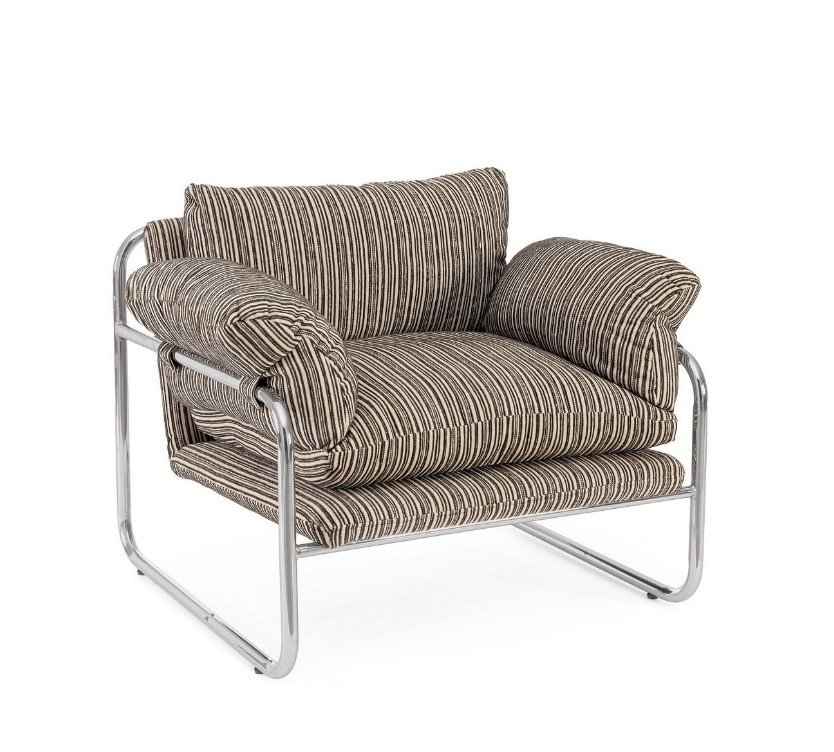 POLTRONA MORVANA RIGHE SAGE - JOLLYGIUNCO Striped fabric armchair with plush cushions and a chrome tubular frame.
