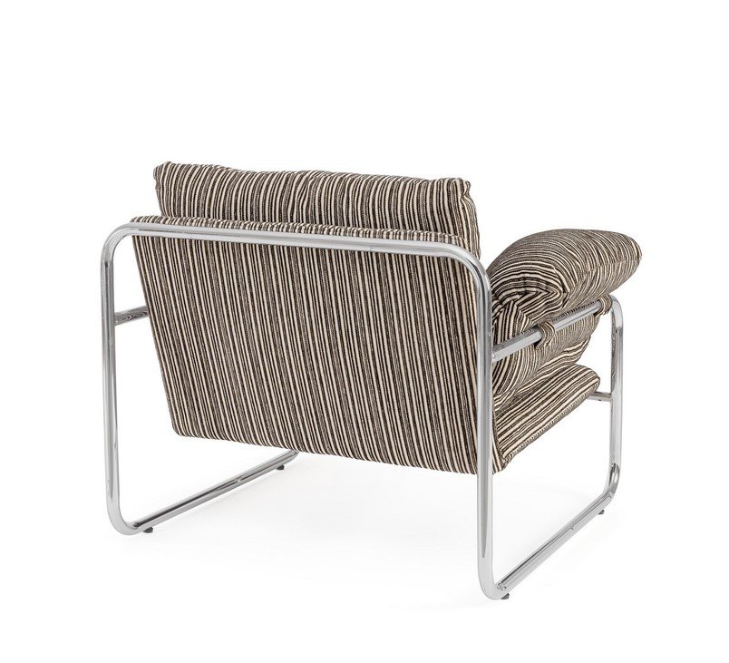 POLTRONA MORVANA RIGHE SAGE1 - JOLLYGIUNCO Chrome-framed lounge chair with striped beige-brown cushions, viewed from the rear interior surface showing the back and armrests.