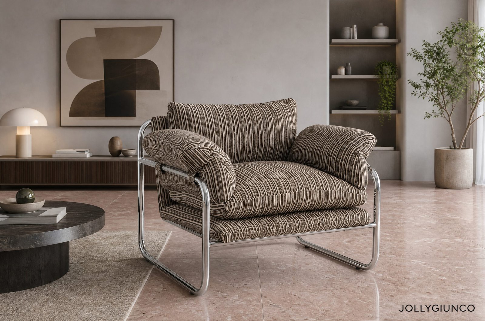 POLTRONA MORVANA RIGHE SAGE10 - JOLLYGIUNCO Modern living room with a brown striped armchair on chrome frame, abstract wall art, and a tall potted plant.