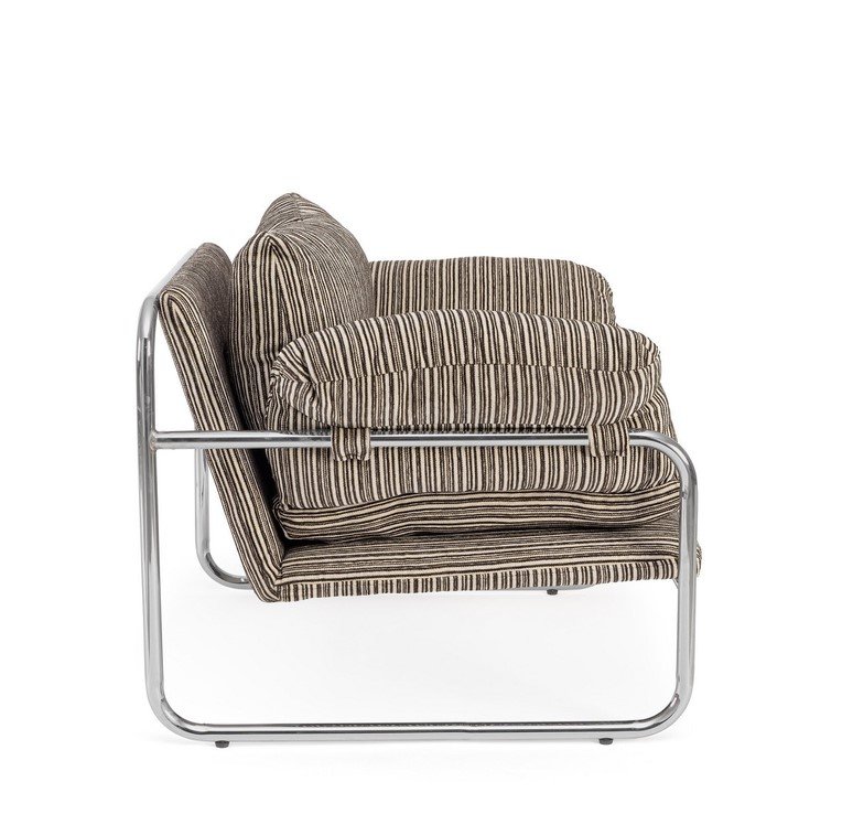 POLTRONA MORVANA RIGHE SAGE3 - JOLLYGIUNCO Armchair with striped beige-brown upholstery and chrome tubular frame from the side view