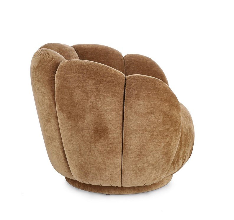 POLTRONA TULIP CATH4AY - JOLLYGIUNCO Brown round velvet lounge chair with plush, segmented back and pedestal base (side view).