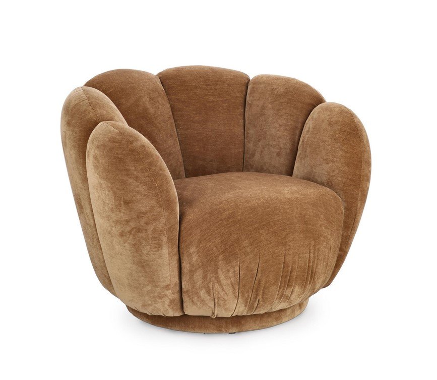 POLTRONA TULIP CATHAY - JOLLYGIUNCO Brown plush velvet swivel armchair with rounded back and wide, petal-like arms on a white background