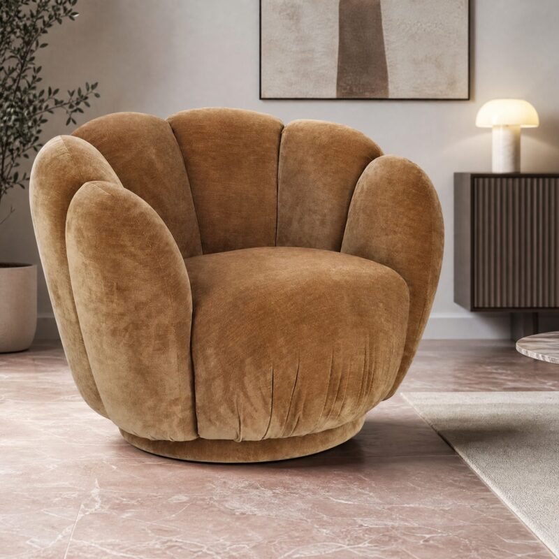A large rounded brown velvet chair in a modern living room with a marble floor and neutral decor.